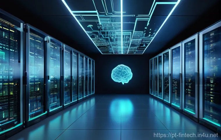 주식 예측 소프트웨어 - **Prompt:** A futuristic, sleek server room or data center, filled with softly glowing digital finan...