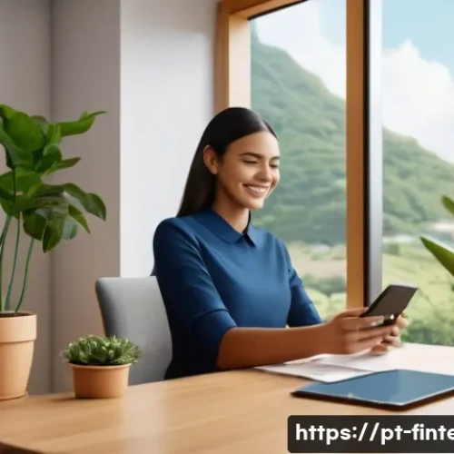 AI 금융 서비스 트렌드 분석 - A modern Brazilian bank customer service scene featuring a friendly virtual assistant chatbot interf...