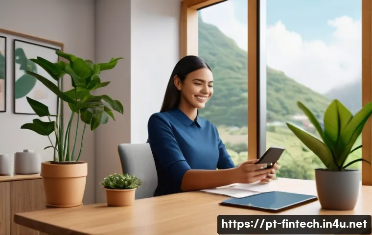 AI 금융 서비스 트렌드 분석 - A modern Brazilian bank customer service scene featuring a friendly virtual assistant chatbot interf...