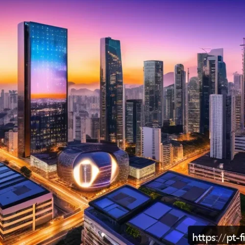 암호화폐 트렌드 분석 - A futuristic cityscape at sunset in S&atilde;o Paulo, Brazil, showcasing sleek skyscrapers with digital bil...