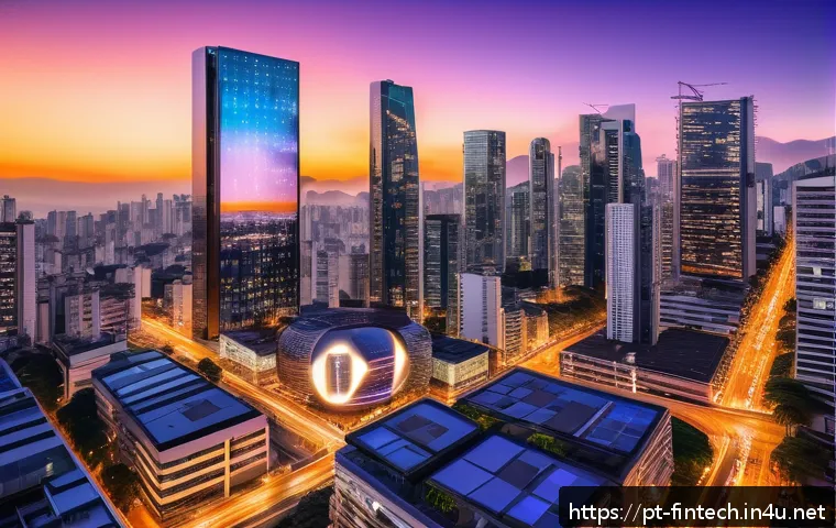 암호화폐 트렌드 분석 - A futuristic cityscape at sunset in São Paulo, Brazil, showcasing sleek skyscrapers with digital bil...