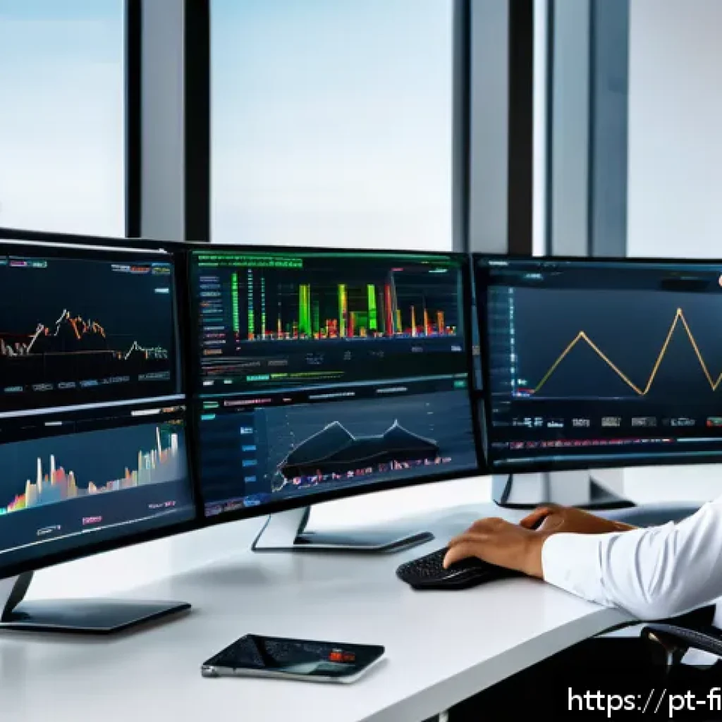 펀드 투자 자동화 기술 - A modern financial analyst workspace featuring a young Brazilian professional in business casual att...
