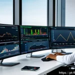 펀드 투자 자동화 기술 - A modern financial analyst workspace featuring a young Brazilian professional in business casual att...