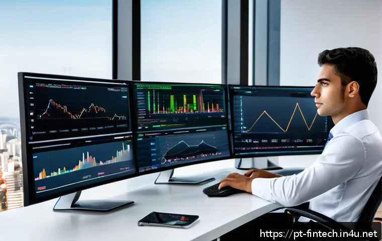 펀드 투자 자동화 기술 - A modern financial analyst workspace featuring a young Brazilian professional in business casual att...