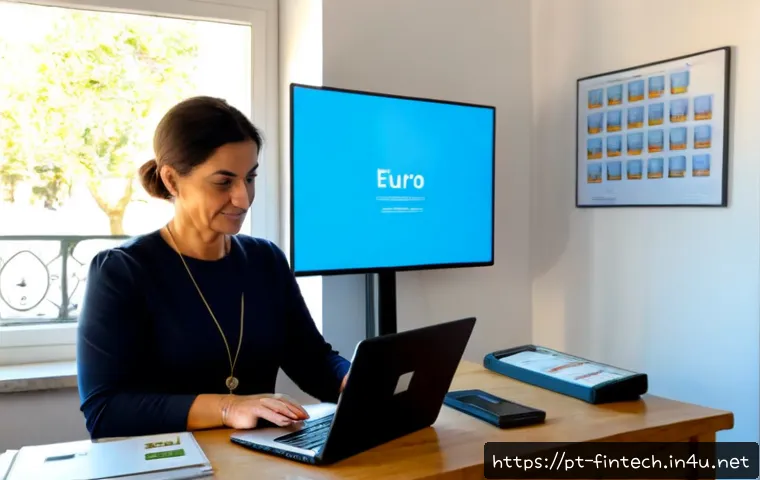 디지털 자산 관리 기술 - Photorealistic home office scene in Portugal, a middle-aged Portuguese woman securely organizing dig...